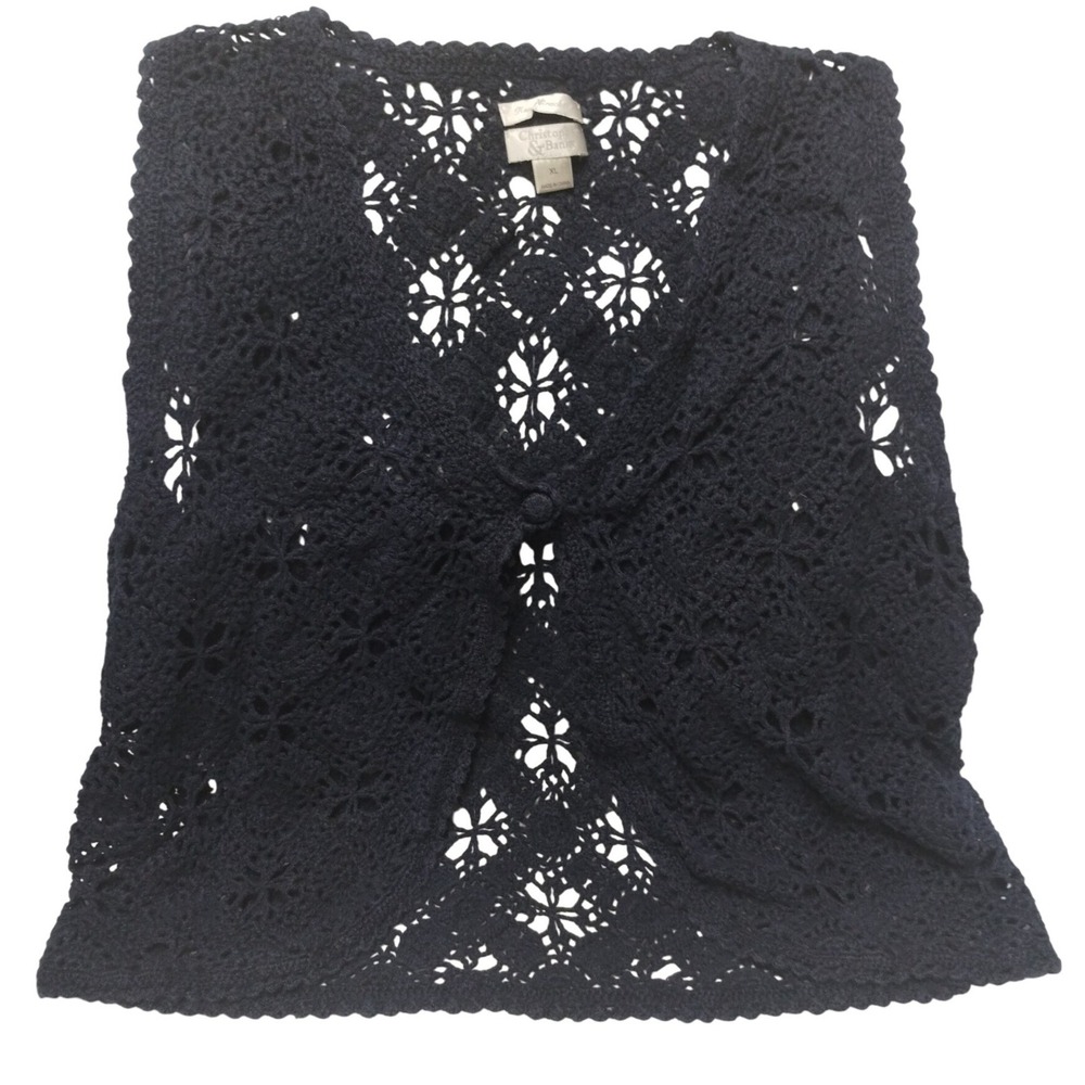 Christopher & Banks Navy Crochet Lace Vest‎ XL Boho Layering Open Front